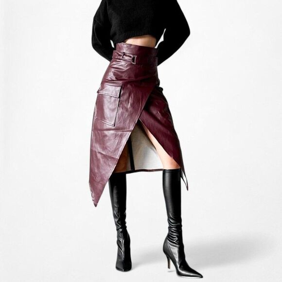 Missguided Burgundy Red Faux Leather Belted Knee Length A-Line Skirt Size 0/XS - Picture 1 of 8